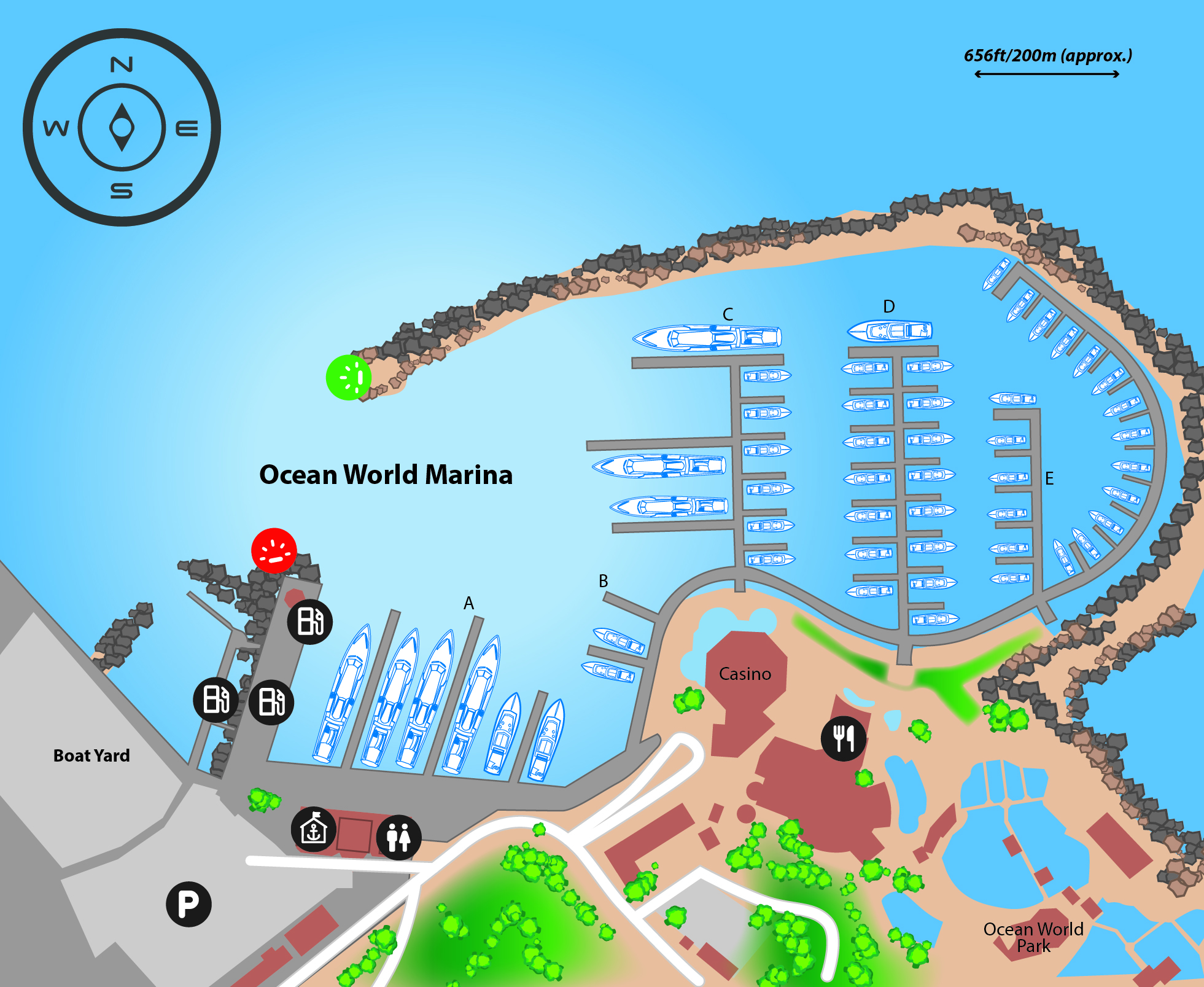 Marina map of Ocean World Marina in Puerto Plata, Dominican Republic, with superyacht and mega yacht berths, marina facilities, and yacht services.