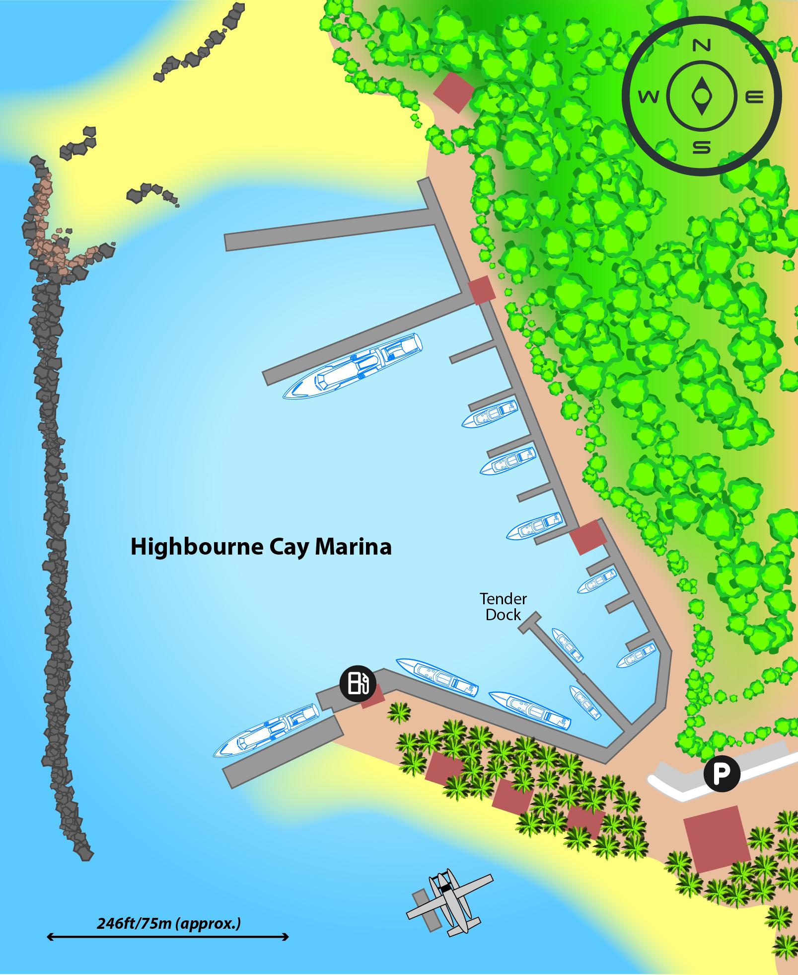 Marina map of Highbourne Cay in The Bahamas